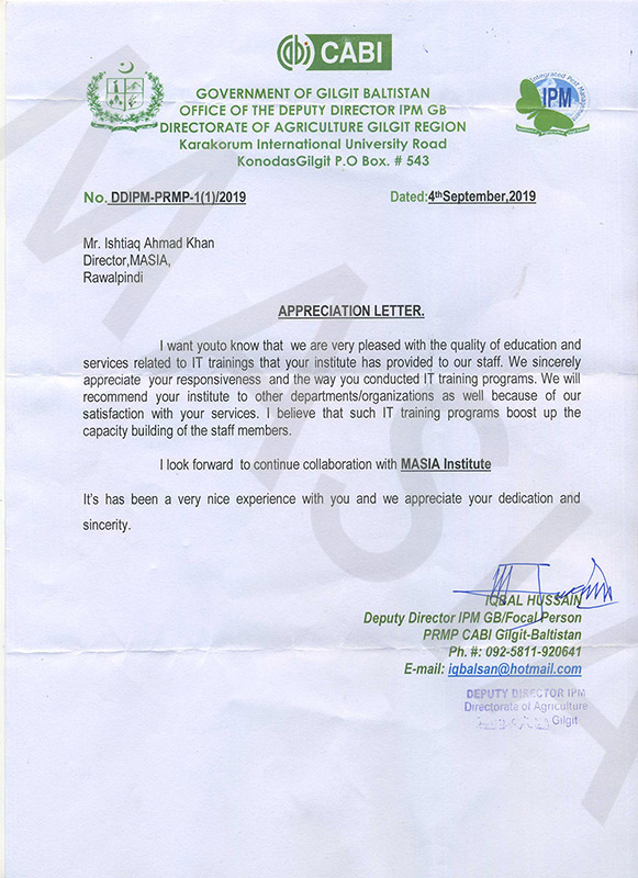 CABI Gillgit Baltistan Appreciation/Recommendation for MASIA Institute