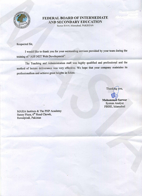 Federal Board Islamabad Appreciation/Recommendation for MASIA Institute