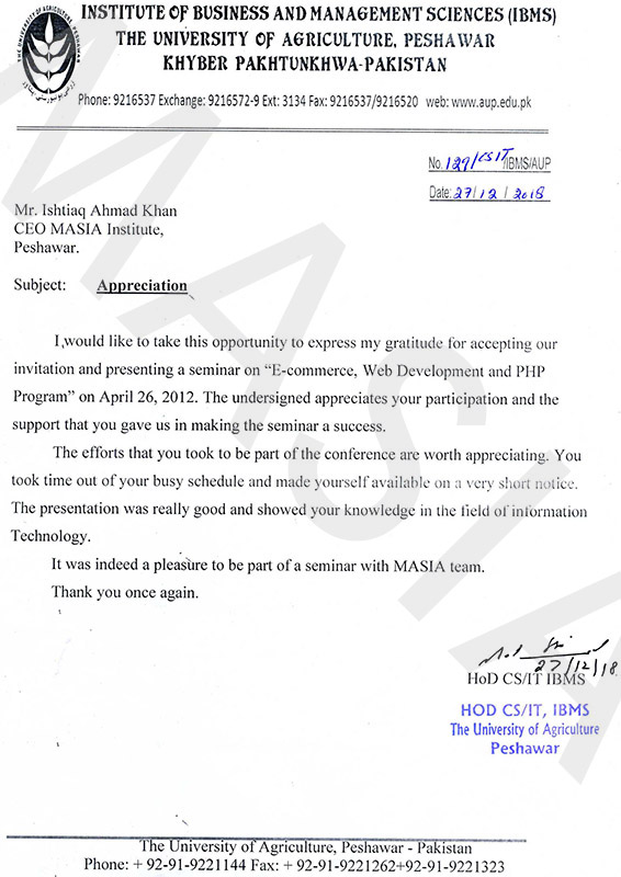 IBMS Agriculture University Peshawar Appreciation/Recommendation for MASIA Institute