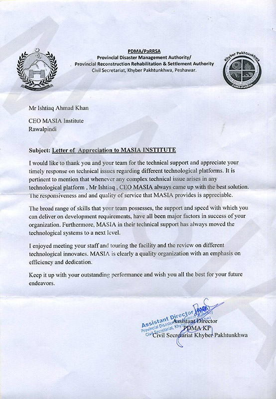 PDMA Parrsa Appreciation/Recommendation for MASIA Institute