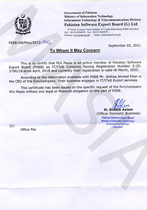 PSEB Letter for MASIA Institute 2021