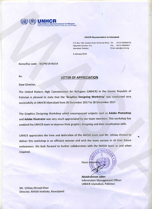 UNHCR Appreciation/Recommendation for MASIA Institute